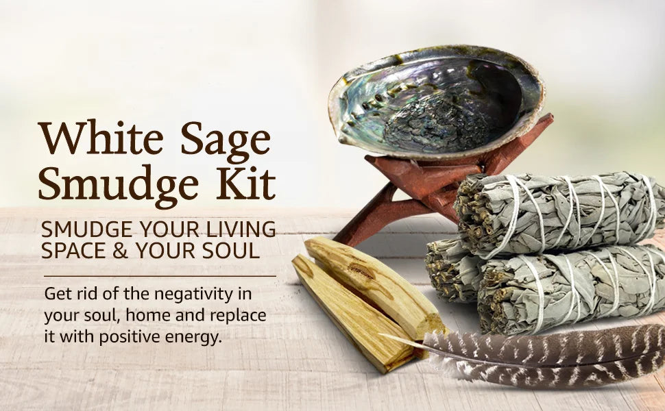 Smudging Kit with White Sage, Cedar, Rose Sage, Blue Sage, Palo Santo, Abalone & Stand, Smudge Feather