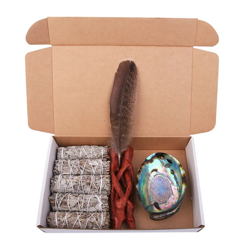 Smudging Kit with White Sage, Cedar, Rose Sage, Blue Sage, Palo Santo, Abalone & Stand, Smudge Feather