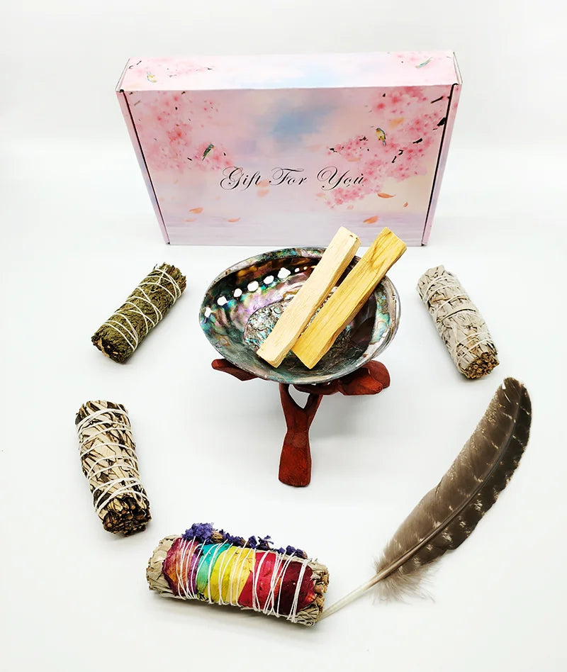Smudging Kit with White Sage, Cedar, Rose Sage, Blue Sage, Palo Santo, Abalone & Stand, Smudge Feather