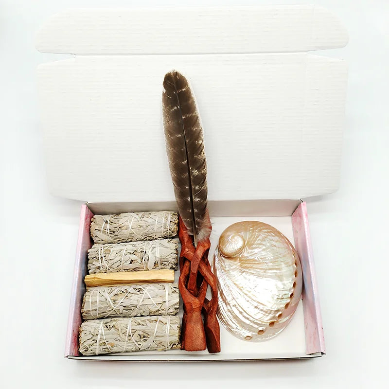 Smudging Kit with White Sage, Cedar, Rose Sage, Blue Sage, Palo Santo, Abalone & Stand, Smudge Feather