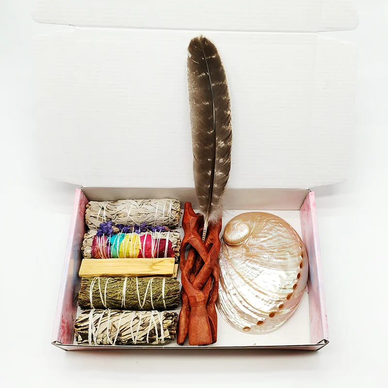 Smudging Kit with White Sage, Cedar, Rose Sage, Blue Sage, Palo Santo, Abalone & Stand, Smudge Feather
