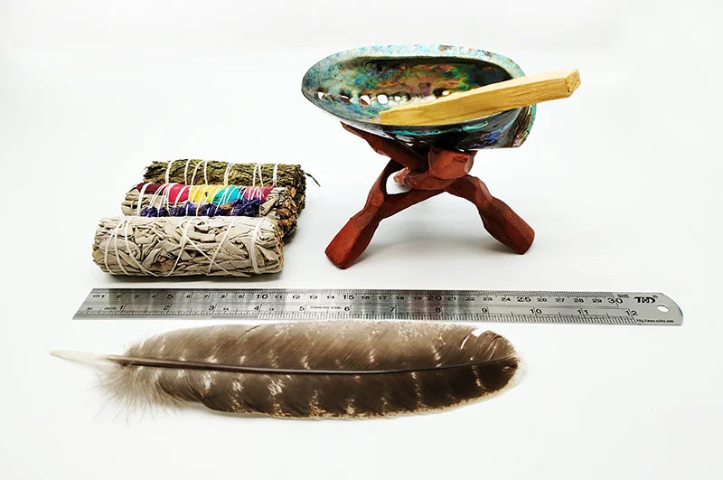 Smudging Kit with White Sage, Cedar, Rose Sage, Blue Sage, Palo Santo, Abalone & Stand, Smudge Feather