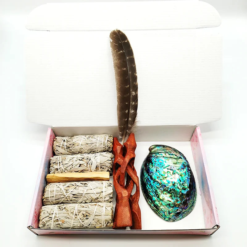 Smudging Kit with White Sage, Cedar, Rose Sage, Blue Sage, Palo Santo, Abalone & Stand, Smudge Feather