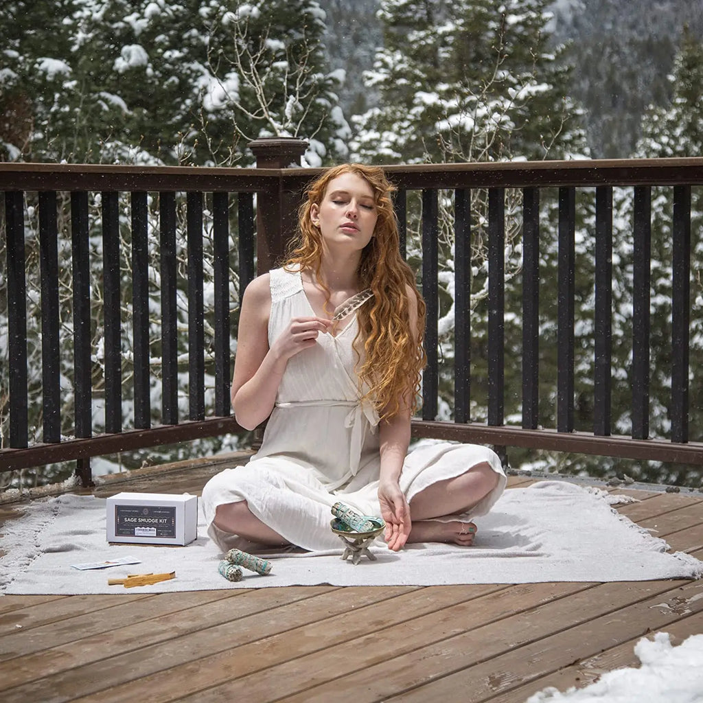 Smudging Kit with White Sage, Cedar, Rose Sage, Blue Sage, Palo Santo, Abalone & Stand, Smudge Feather