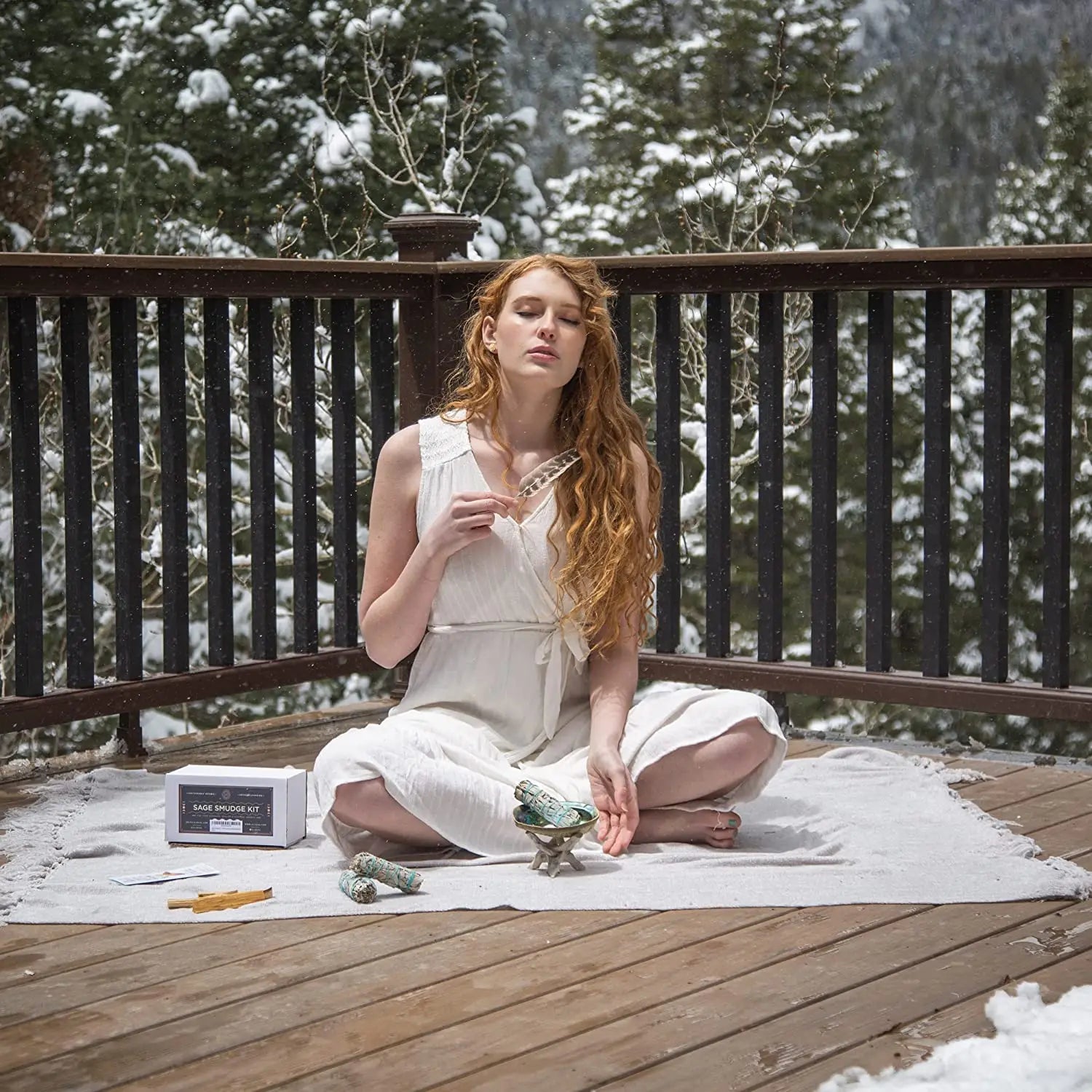 Smudging Kit with White Sage, Cedar, Rose Sage, Blue Sage, Palo Santo, Abalone & Stand, Smudge Feather