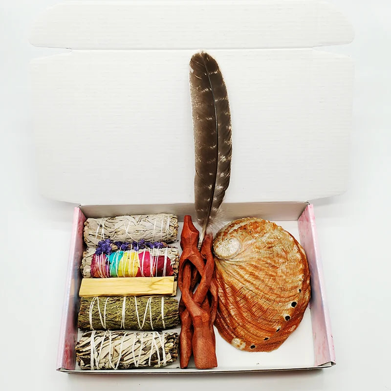 Smudging Kit with White Sage, Cedar, Rose Sage, Blue Sage, Palo Santo, Abalone & Stand, Smudge Feather