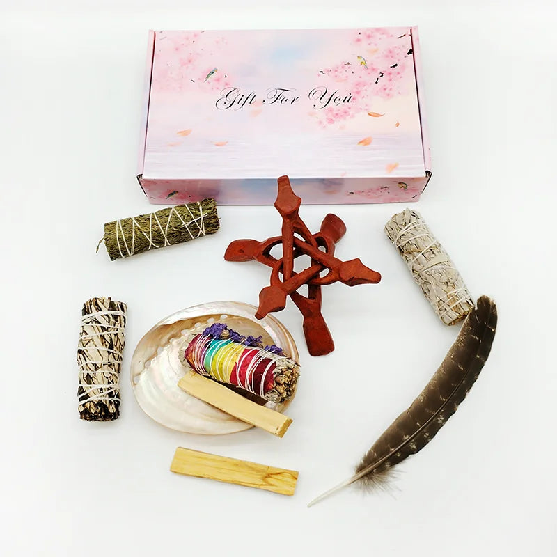 Smudging Kit with White Sage, Cedar, Rose Sage, Blue Sage, Palo Santo, Abalone & Stand, Smudge Feather