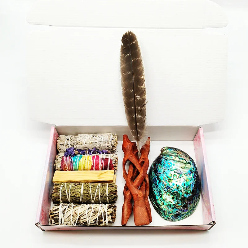 Smudging Kit with White Sage, Cedar, Rose Sage, Blue Sage, Palo Santo, Abalone & Stand, Smudge Feather