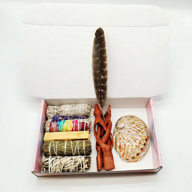 Smudging Kit with White Sage, Cedar, Rose Sage, Blue Sage, Palo Santo, Abalone & Stand, Smudge Feather